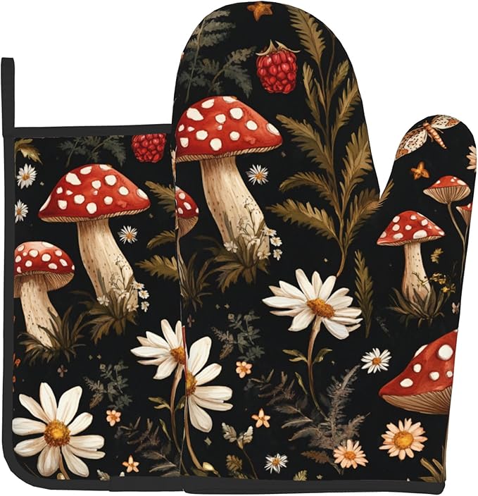 Mushroom Oven Mitt Pot Holder Set Vintage Floral BBQ Cooking Gloves with Loop Baking Grilling Kitchen Gifts for Spring Summer