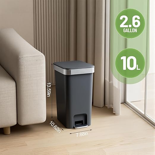 2 Pack Bathroom Garbage Can with Lid, 2.6 Gallon /10 Liter Small Trash Can, Press Top Bin & Step Metal Pedal Trash Bin, Waste Basket for Bedroom, Home Offices, Small Spaces, Dorm (Black Gray)