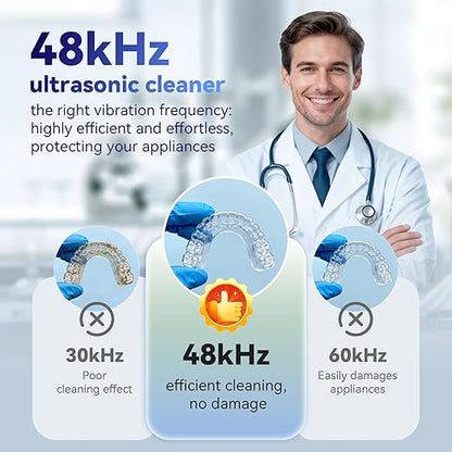 Ultrasonic Retainer Cleaner Machine 48kHz, Dental Cleaning Pod, Ultrasonic Retainer Cleaner for Dentures, Aligners, Mouth Guards, Toothbrush Heads and Jewelry with 200ML Capacity, LAB Supply