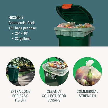 EcoSafe-6400 HB2640-8 Certified Compostable Bag - 26x40" Green Bags for 22 Gallon Bin - Extra Strong Leak, Puncture and Tear Resistant Food Scraps Bin Liners, Pack of 165