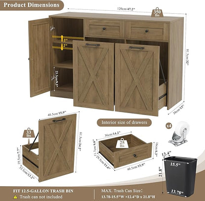 HOSTACK 12.5 Gallon Kitchen Trash Cabinet, 47" Double Trash Can Cabinet, Large Pull Out Can Storage Drawers, Wood Farmhouse Hidden Garbage Storage Buffet for Kitchen, Dining Room, Rustic Brown