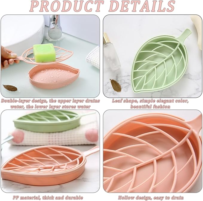 Soap Dishes, 3PCS Self Draining Soap Dish 6.9x3.9x0.8'' Hollow Leaf Shape Draining Soap Dish with Draining Tray Dry & Clean Soap Dish for Bathroom, Kitchen or Laundry Room