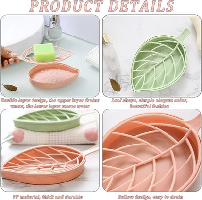 Soap Dishes, 3PCS Self Draining Soap Dish 6.9x3.9x0.8'' Hollow Leaf Shape Draining Soap Dish with Draining Tray Dry & Clean Soap Dish for Bathroom, Kitchen or Laundry Room