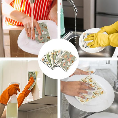 Chicken Swedish Dishcloths for Kitchen, 6 Pcs Reusable Chick Swedish Dish Cloths, Absorbent Fast Drying Cleaning Sponge Cloths for Kitchen Cooking Farmhouse Home Decoration Housewarming Gifts