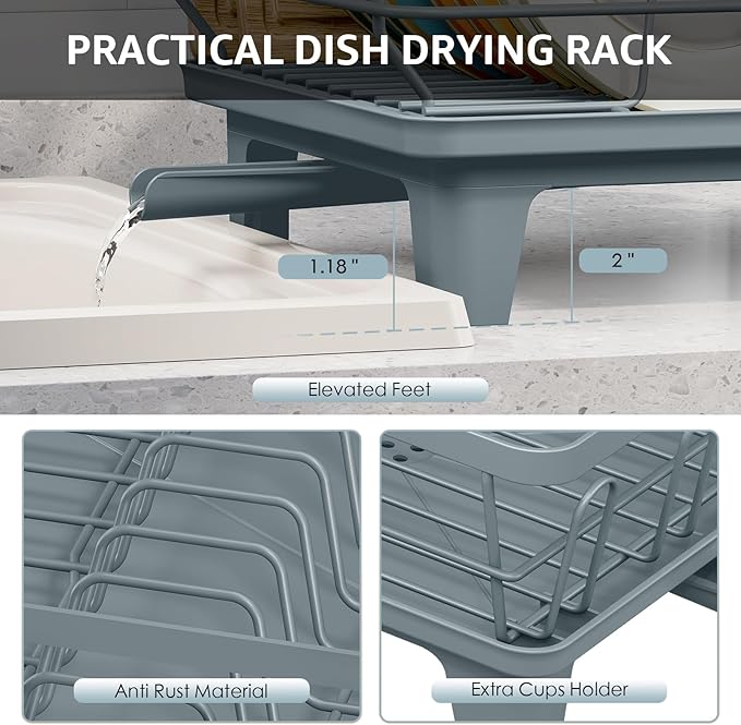 Urackify Dish Drying Rack for Kitchen Counter, Sink Dish Rack with Drainboard, Large Dish Drainer with Cups Holder, Home Countertop Plate Dryer Storage Rack with Cutlery Holder, Blue
