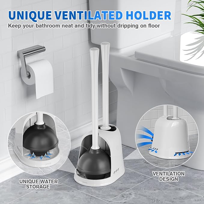 LOVLOY Toilet Plunger and Brush, Bowl Brush and Heavy Duty Toilet Plunger Set with Ventilated Holder, 2-in-1 Toilet Brush and Plunger Combo for 5.3-inch Toilet Drain Bathroom Cleaning (White)