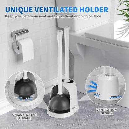 LOVLOY Toilet Plunger and Brush, Bowl Brush and Heavy Duty Toilet Plunger Set with Ventilated Holder, 2-in-1 Toilet Brush and Plunger Combo for 5.3-inch Toilet Drain Bathroom Cleaning (White)