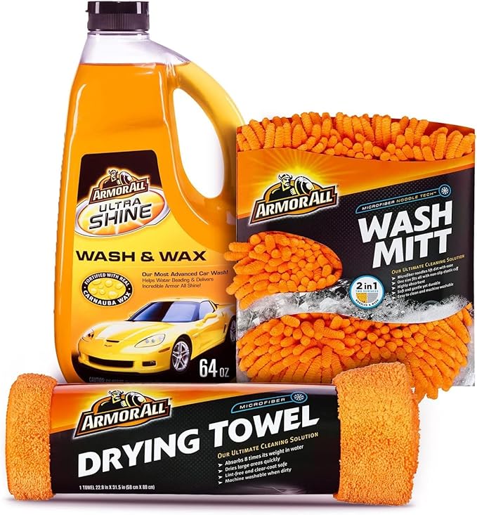 Armor All Car Wash Kit - Complete 3-Piece Car Cleaning Set with Car Wash Soap, Wax, Microfiber Mitt & Drying Towel, Gift for Dad