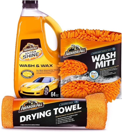 Armor All Car Wash Kit - Complete 3-Piece Car Cleaning Set with Car Wash Soap, Wax, Microfiber Mitt & Drying Towel, Gift for Dad