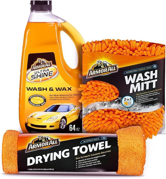 Armor All Car Wash Kit - Complete 3-Piece Car Cleaning Set with Car Wash Soap, Wax, Microfiber Mitt & Drying Towel, Gift for Dad