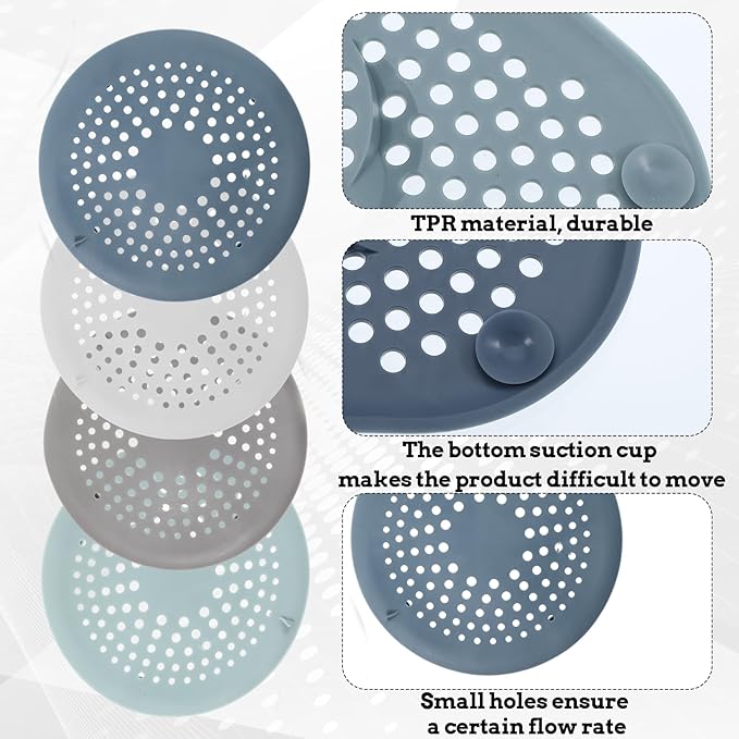 4 Packs Round Hair Drain Catcher, Drain Cover with Suction Cups, Durable Shower Drain Hair Catcher for Bathroom, Bathtub, Kitchen, Easy to Clean
