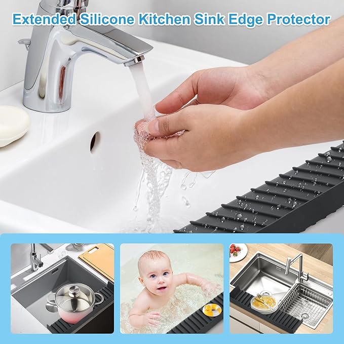 Silicone Faucet Splash Guard 4" x 20", Faucet Water Catcher Mat, Longer Silicone Sink Mat for Kitchen, Bathroom, Laundry Room, Farmhouse for Quartz Kitchen Sink（Black）