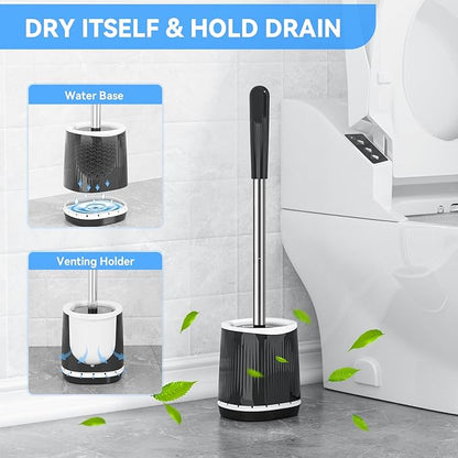TRENTI Toilet Brush, Toilet Brush and Holder Set, Bristles Toilet Bowl Brush Head with Ventilated Holder, Wall Mounted Compact Toilet Brush Set for Bathroom Deep Cleaning (1, Black)