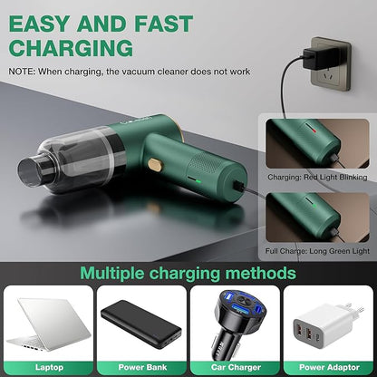 Car Vacuum Portable 4 in 1 Vacuum Cleaner 12000Pa Mini Handheld Vacuum Cordless Rechargeable 120W High Power Vacuum Cleaner & Air Duster Multi-Nozzles for Car Home Office Pet(Green)
