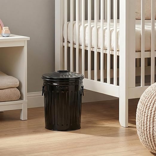 Plexon 2 Gallon Small Metal Trash Can with Lid Bathroom Garbage Can with Lid Bathroom Trash Can for Bedroom Office Kitchen Indoor Waste Basket, Round Powder Coated Black Bucket