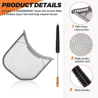 ADQ56656401 Dryer Lint Filter Stainless Steel Mesh Screen with Clothes Dryer Lint Vent Trap Cleaner Brush Fit for LG Kenmore Elite Dryer Lint Screen, Replace AP4457244 AH3531962 PS3531962 by Beaquicy