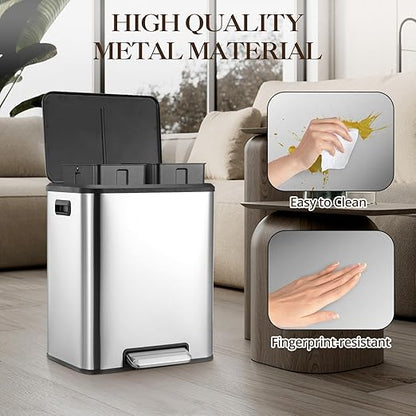 2 x 4 Gallon, Double Trash Can Kitchen for Recycling and Trash, 2 in 1 Garbage Bin, Touchless Motion, Recycle Bin Combo, Stainless Steel Dual Recycling Bins for Kitchens & Office