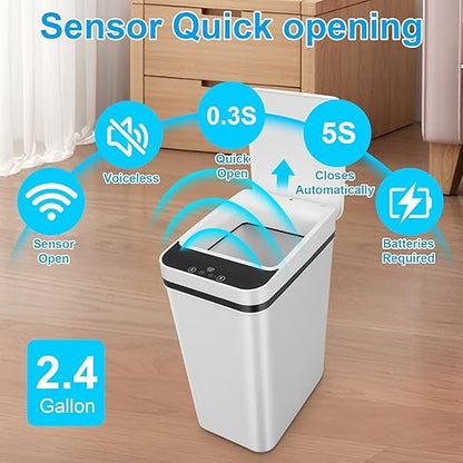 Bathroom Trash can,Smart Touchless Trash Can,Automatic Motion Sensor Trash Bin With Lid,2.4 Gallon Garbage Can, Kitchen, Bathroom, Office, Bedroom Trash can (White)