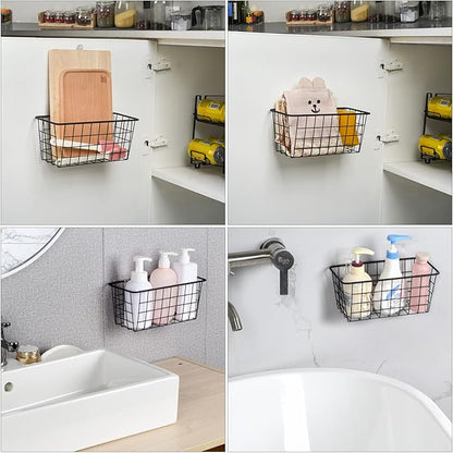 Toplife Kitchen Hanging Basket, No Drilling Cabinet Door Organizer Rack, Wall Adhesive Basket for Cabinet, Cupboard Door, Bathroom, Kitchen Storgae Baskets, Black (2 PacK)