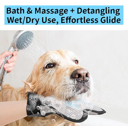3-Piece Pet Grooming Set: Soft Silicone Shower Wash Curry Bath Brush *1 & Stainless Steel Comb *1 for Dogs/Cats with Short/Long Matted Hair,Deshedding & Knot Removal,Dry & Wet Use Massage Glove*1