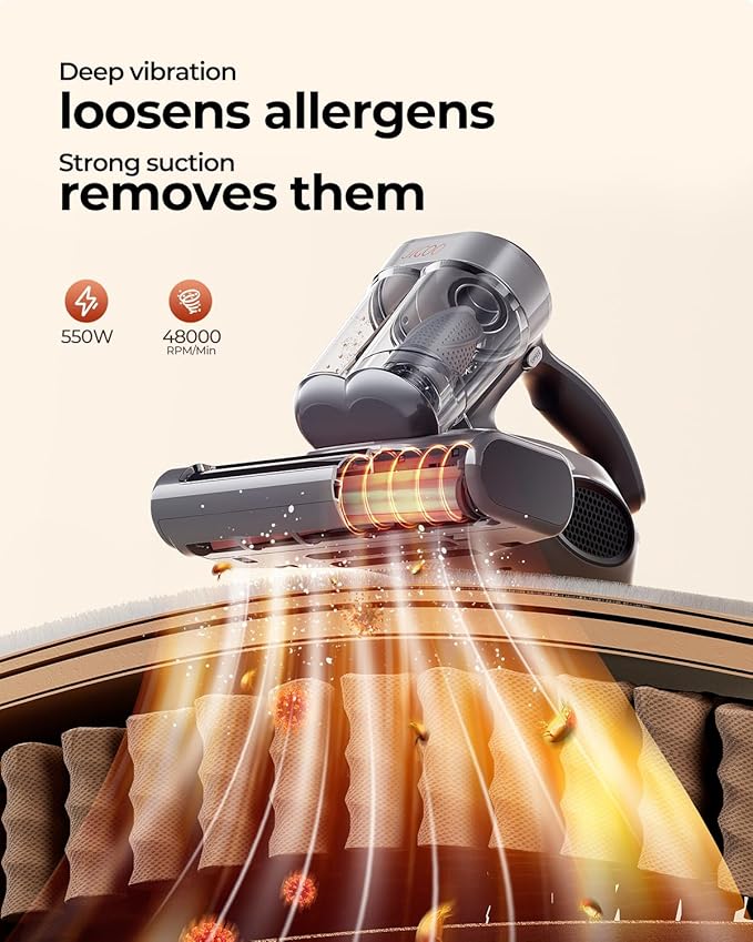 JIGOO J300 Pro Matture Vacuum Cleaner with 14Kpa 550W Powerful Suction, Infrared, UV & Heating Tech for Deep Cleaning, Anti-Allergen Bed Vacuum with Dust Sensor & Plant Fragrance for Bed, Sofa, Crib