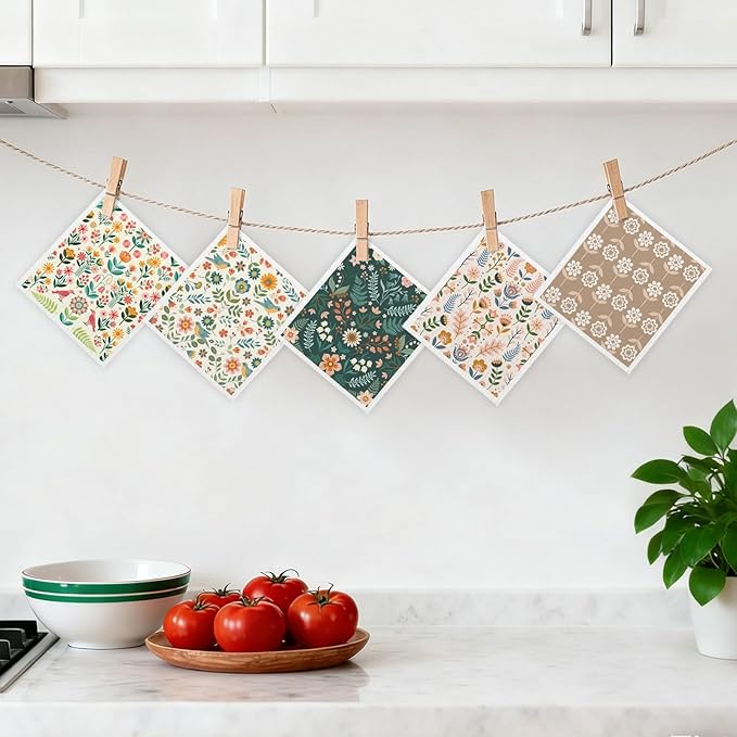 5 Pack Mixed Farmhouse Flower Swedish Kitchen Dishcloths Dish Towels, Country Garden Dish Towels for Kitchen, Swedish Dishcloth, Paper Towels Reusable, Dish Cloth Towel Cleaning Wipe for Home