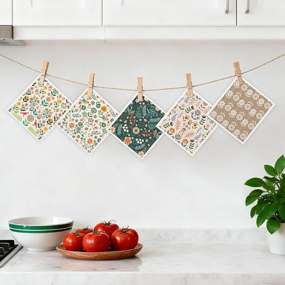 5 Pack Mixed Farmhouse Flower Swedish Kitchen Dishcloths Dish Towels, Country Garden Dish Towels for Kitchen, Swedish Dishcloth, Paper Towels Reusable, Dish Cloth Towel Cleaning Wipe for Home
