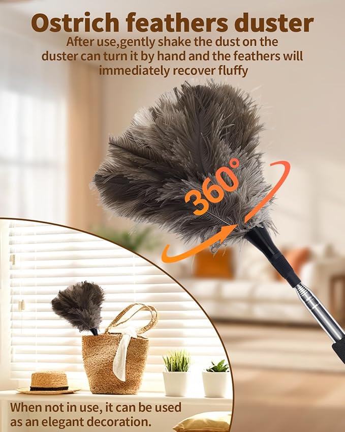 Ostrich Feather Duster, 18-48 Inch Extendable Feather Duster with Natural Fluffy Ostrich Feathers, Dusters for Cleaning Ceiling Fans, Blinds, High Ceilings, Furniture, Cars, Washable & Reusable