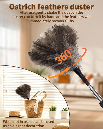 Ostrich Feather Duster, 18-48 Inch Extendable Feather Duster with Natural Fluffy Ostrich Feathers, Dusters for Cleaning Ceiling Fans, Blinds, High Ceilings, Furniture, Cars, Washable & Reusable