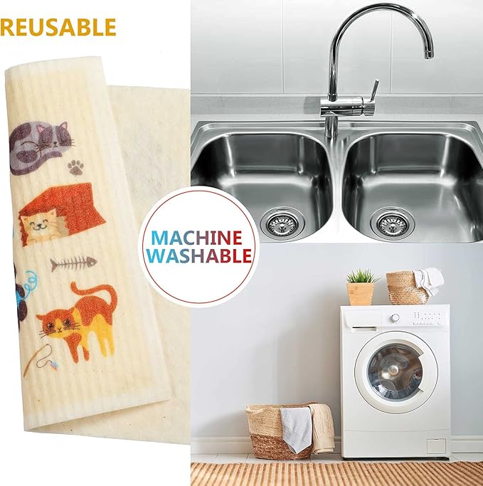 Geiserailie 6 Pieces Cat Sweedish Dishcloth Dish Towels Durable Swedish Cleaning Cloths Absorbent and Fast Dry Kitchen Towels Cats Cleaning Cloths for Kitchen Bathroom Office Wedding Housewarming