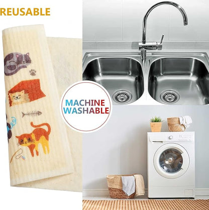 Geiserailie 6 Pieces Cat Sweedish Dishcloth Dish Towels Durable Swedish Cleaning Cloths Absorbent and Fast Dry Kitchen Towels Cats Cleaning Cloths for Kitchen Bathroom Office Wedding Housewarming