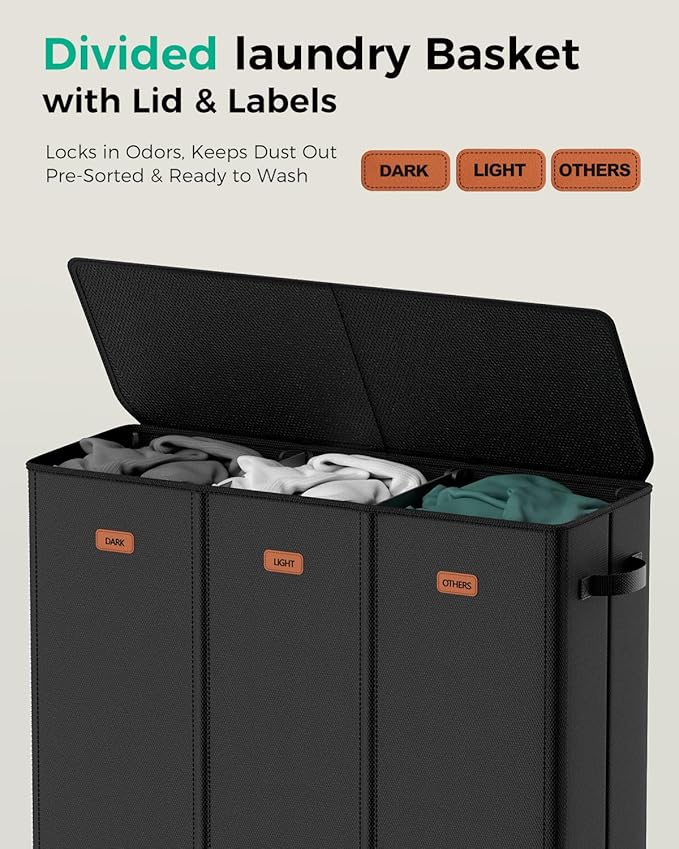 185L Laundry Hamper 3 Section, Large Laundry Hamper with Lid, Dirty Clothes Hamper with 3 Removable Washing Bags, Collapsible Laundry Basket Organizer for Laundry Room, Bedroom