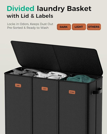 185L Laundry Hamper 3 Section, Large Laundry Hamper with Lid, Dirty Clothes Hamper with 3 Removable Washing Bags, Collapsible Laundry Basket Organizer for Laundry Room, Bedroom