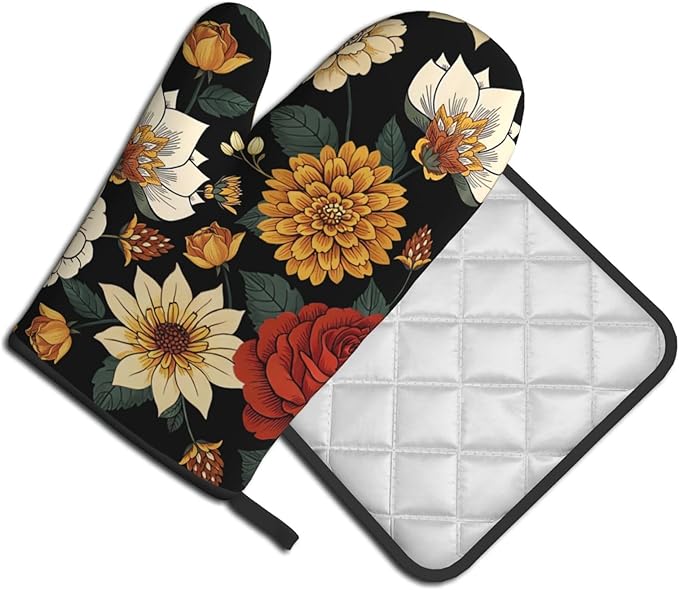 Boho Floral Oven Mitts and Pot Holders Sets of 2 Vintage Kitchen Mitts Bohemian Flower Hot Pads for Cooking Baking Grilling