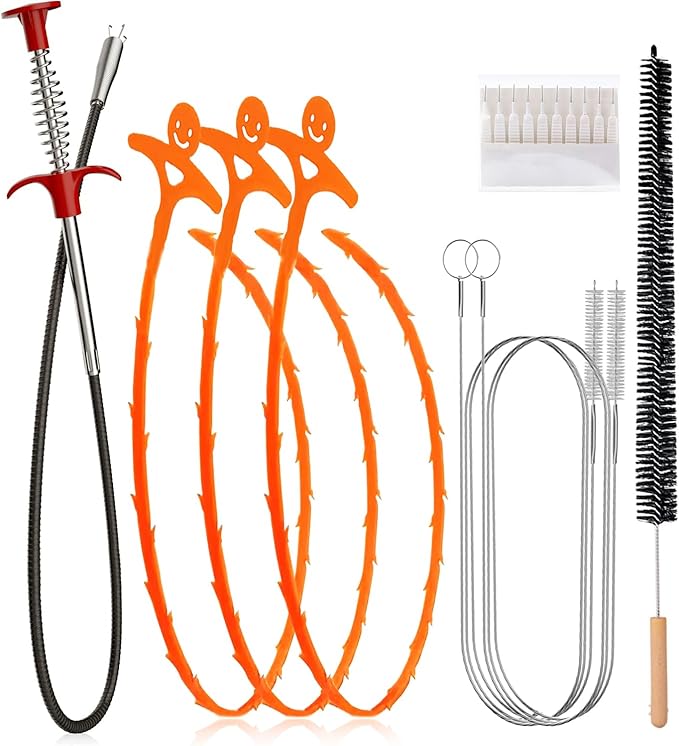 Drain Snake 8 Set: 35.5" Drain Clog Remover (x1), 60" Steel Hair Snake (x2), 30" PET Sink Snake (x3), Shower Head Cleaner Tool (1 pack) and 30" Cleaning Brush (x1) (Drain Snake 8 Set)