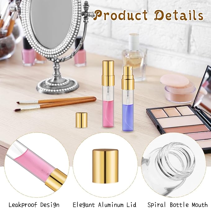 50 Pcs 5ml/0.17oz Fine Mist Glass Bottle Mini Transparent Spray Vials Empty Refillable Perfume Bottles for Cosmetic Perfume Liquid Sample DIY Sprays - Gold Lids