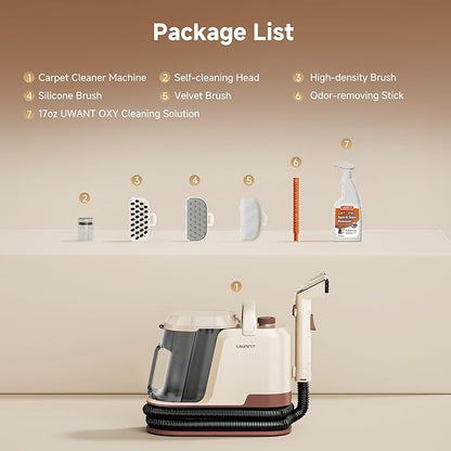 Uwant Carpet Cleaner Machine 22Kpa Portable Carpet Cleaner for Pet, Upholstery Cleaner Machine with Oxy Solution Set of 1 for Spot, Cars,Rug,Furniture