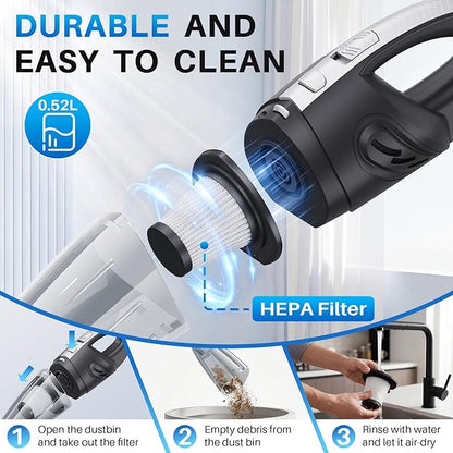 Handheld Cordless Car Vacuum Cleaner, 15000PA Powerful Suction Hand Held Cleaner Rechargeable, Portable Hand Vacuum with Multi-Nozzle, Washable Filter & Storage Case for Home, Office, Car, Pets