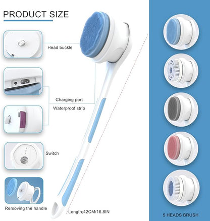 Electric Body Brush,5 Attachments Brush Heads Electric SPA Spin Scrubber for Shower Bathing Cleansing Wash Deep Cleaning with Silicone Rechargeable IPX7 Waterproof