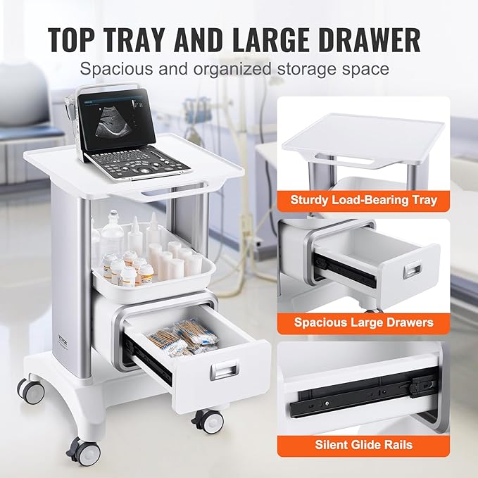 VEVOR Medical Trolley Storage Cart with Removable Drawer, Rolling Lab Tray Cart with Wheels for Ultrasound, Dental Clinic, Lab, Beauty Salon, Office
