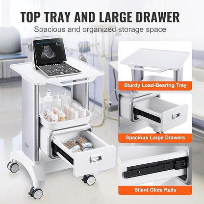 VEVOR Medical Trolley Storage Cart with Removable Drawer, Rolling Lab Tray Cart with Wheels for Ultrasound, Dental Clinic, Lab, Beauty Salon, Office