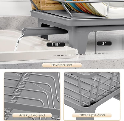 Urackify Dish Drying Rack for Kitchen Counter, Sink Dish Rack with Drainboard 12.2" W x 16.5" L, Large Dish Drainer with Cutlery Holder, Home Countertop Plate Dryer Storage Rack, Gray