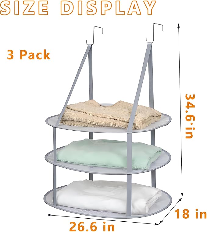 SAMJANE Hanging Sweater Drying Rack – Lay-Flat Warp-Knit Airflow Mesh for Delicates, 3 pcs 3-Tier Foldable Space-Saving Door-Hanging Design for Fast Drying & No Deformation in Small Spaces (Grey)