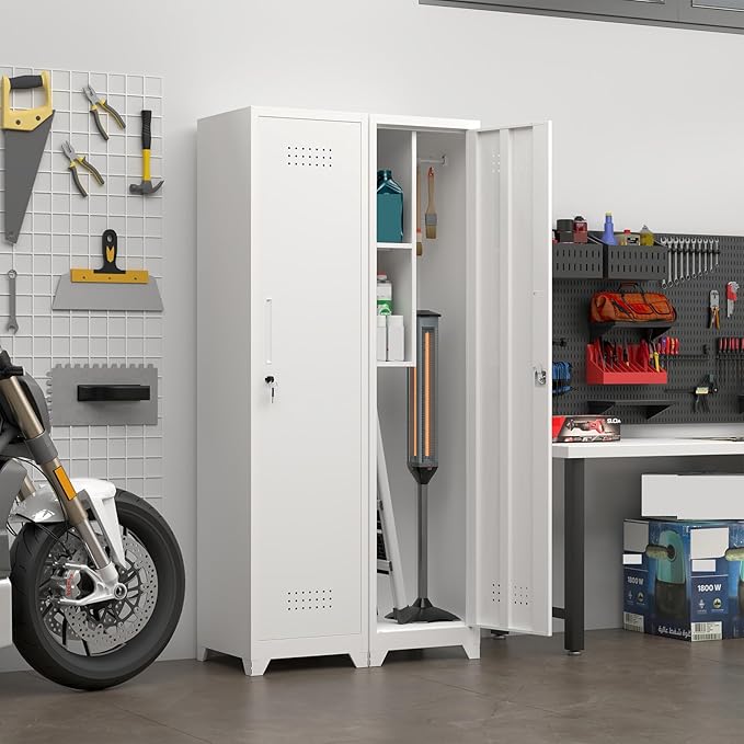 65" Metal Broom Storage Cabinet with Lock, Slim Freestanding Broom Closet Organizer with Adjustable Shelves and Hooks White Tall Utility Cabinet for Mop Broom Small Vacuum Garage Laundry Room