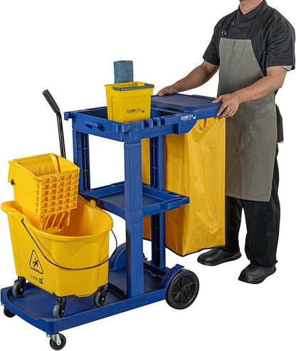 Restaurantware-Clean Tek Professional Janitor Cart with Wheels, 1 Cleaning Trolley with Cover and 18 Gallon Bag - 3 Shelves, Heavy-Duty, Blue Plastic Commercial Janitorial Cart, for Restaurants