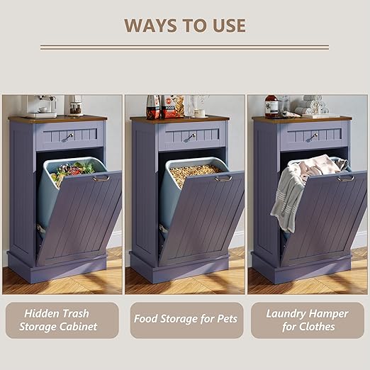 LOUVIXA Tilt Out Trash Can Cabinet, Hidden Trash Cabinet with Drawer, Wooden Dog Proof Trash Can Holder, Tilt Out Laundry Hamper, Garbage Can Holder (Gray-Blue)