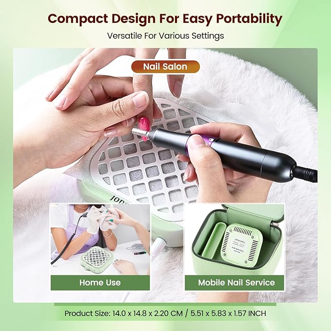 JODSONE 6000RPM Mini Nail Dust Collector Powerful Suction Portable PocketSized Nail Salon with 30 Filters Green