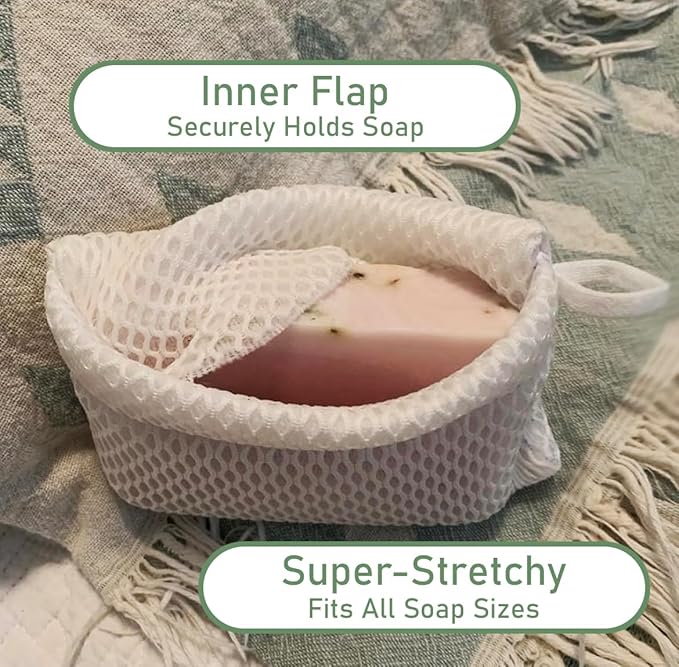Soap Bag 100% Recycled - Soap Saver Pouch, Loofah Bath Scrubber for Bar Soap + Exfoliator (2-Pack Combo, Gentle and Deep Exfoliation)