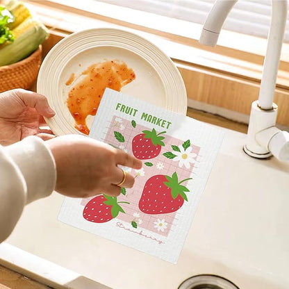 Swedish Dishcloths for Kitchen, Pink Strawberries Peach Cherry Lemon Swedish DishCloths for Friut Market, 4 Pack Dish Towels for Kitchen, Papaya Reusable Paper Towels Washable