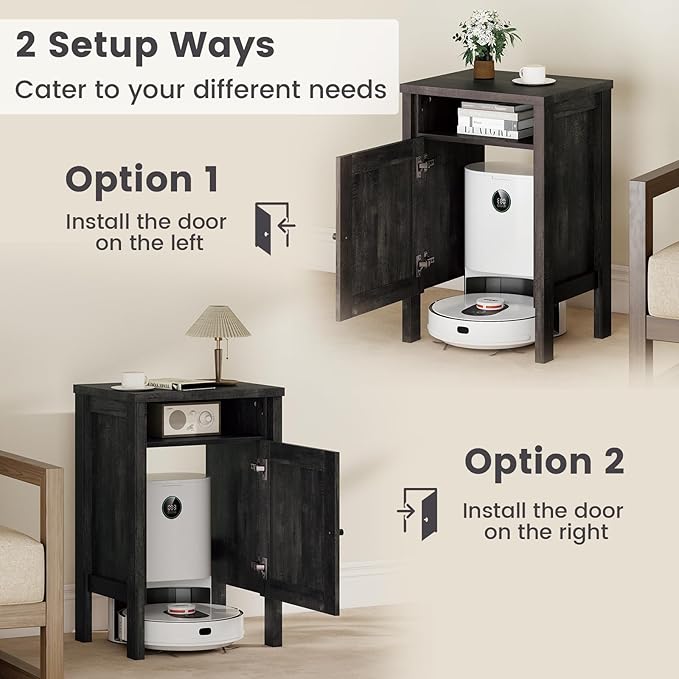 GOFLAME Robot Vacuum Storage Cabinet, Retro Sofa Side End Table with Hidden Robotic Vacuum Cleaner Storage & Open Compartment, Sweeping Robot Stand Cabinet for Living Room (Grey)